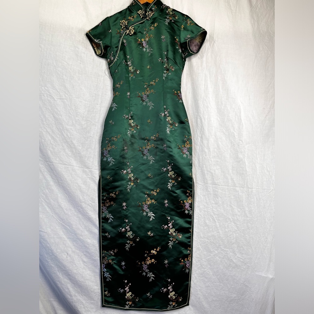Solz Squirrel Dress Women 34 Teal Chinese Cheongsam Side Slit Traditional STAINS